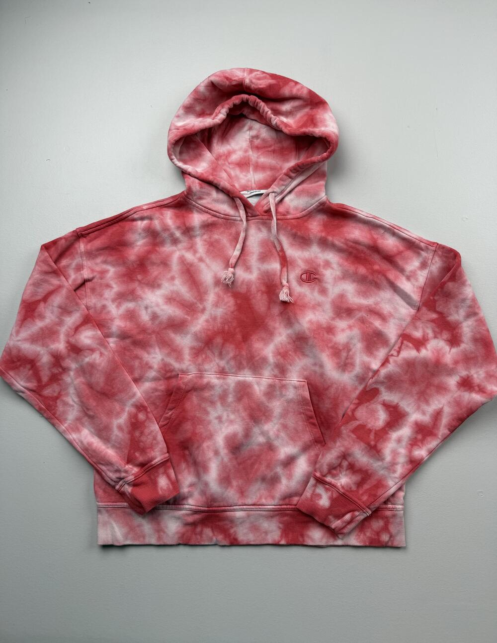 Champion Hoodie Sweatshirt Womens Medium Red Tie Dye Fleece Kangaroo Pocket